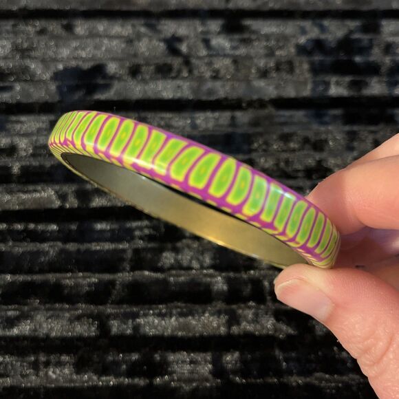Artisan Made Layered Polymer Clay On Brass Bangle Bracelet Purple Green 8.25” - Picture 1 of 4